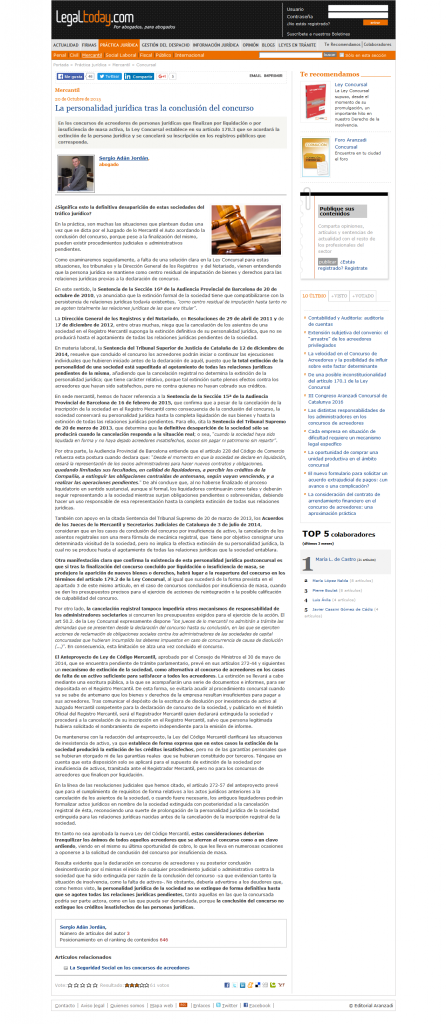 Captura articulo personalidad juridica tras conclusion del concurso